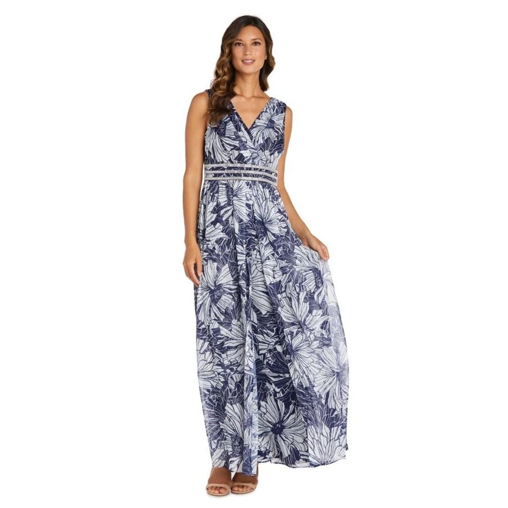 R&M Richards Maxi Dress Womens 8 Navy Tropical Floral Rhinestone Formal Gown